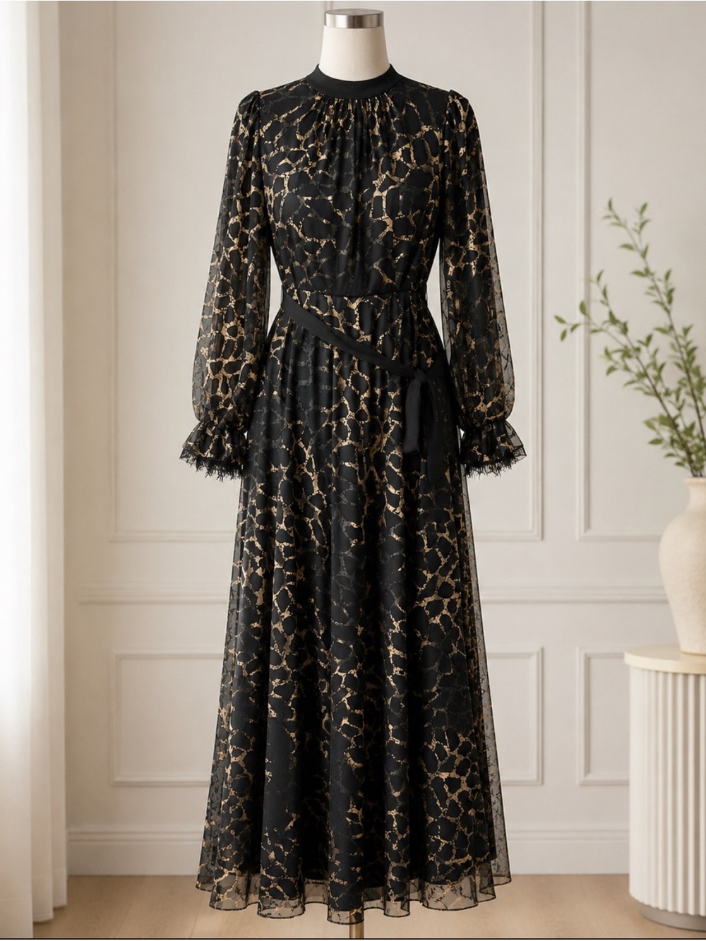 Elegant Black & Gold Long Sleeve Maxi Dress